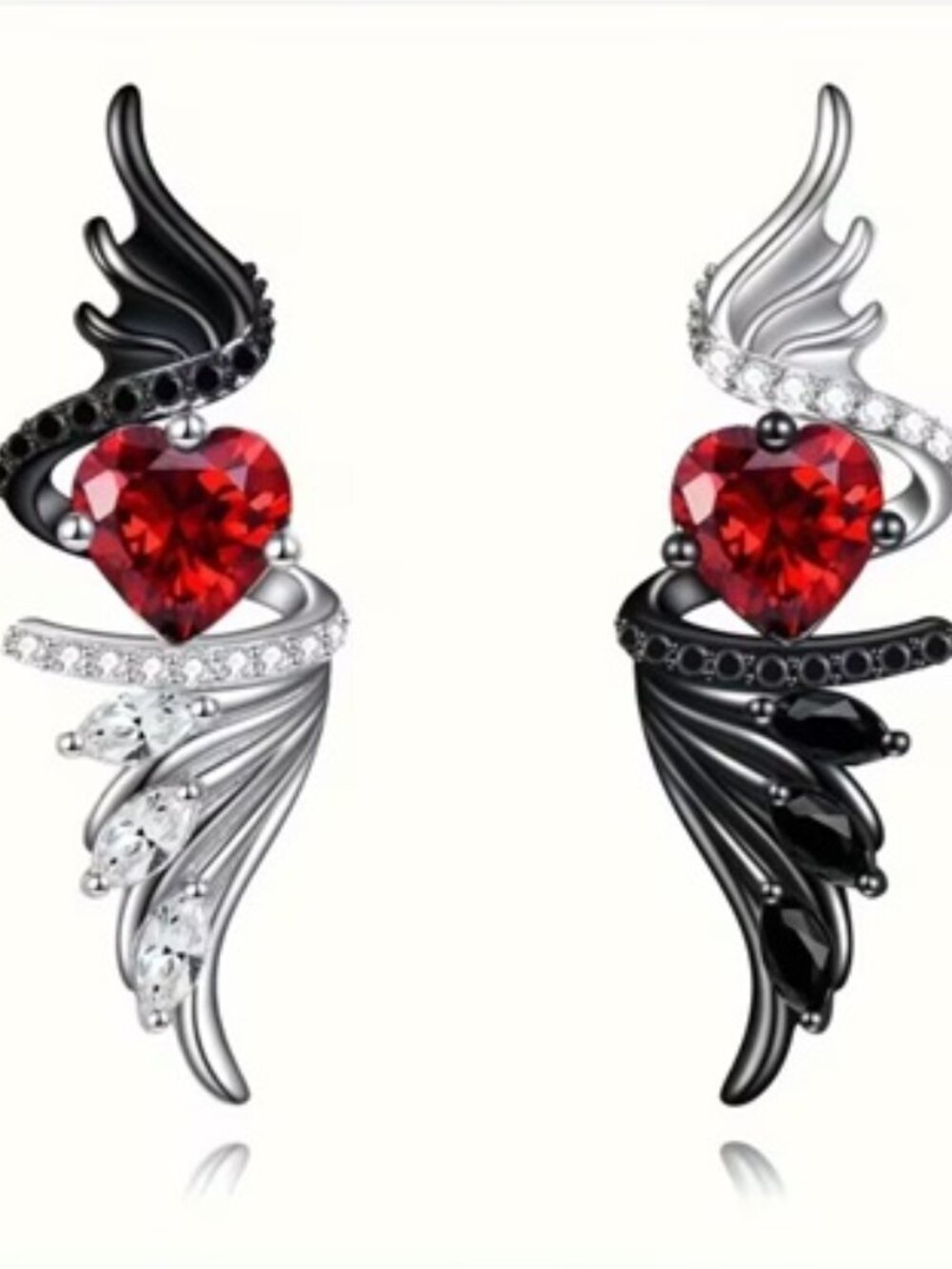 DESIGNER Rocker Chic Black/Silver Angel Wing Red Crystal Heart Earrings**NEW!